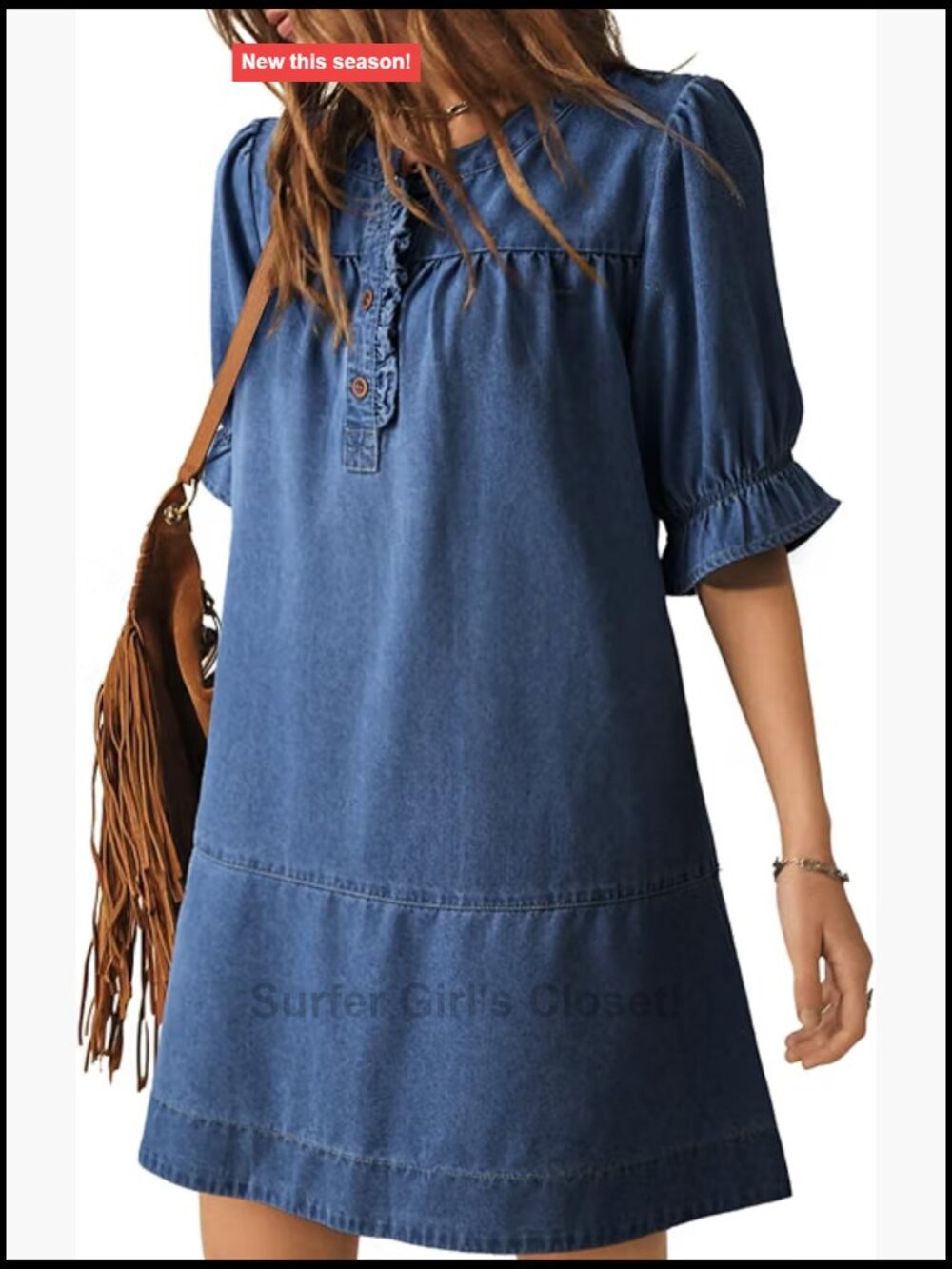 Women's Denim Jean Dress Ruffle Short Sleeve Button Cowgirl Mini A-Line
